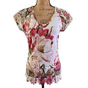 Leo & Ugo Women's Floral Print Lace Knit Cotton Blouse Top T-shirt Sz 6/8